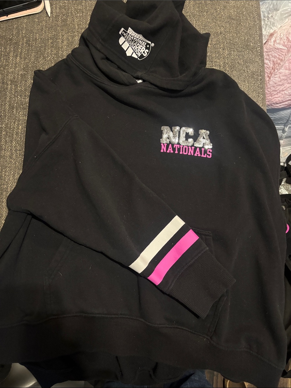 Varsity Black Hoodie Sweatshirt with Pink & White Stripe